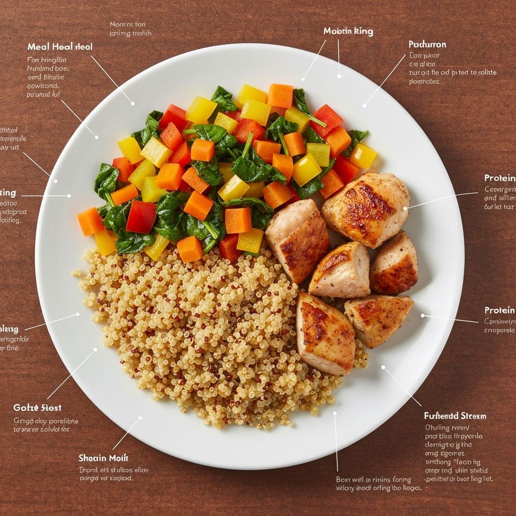 Étkezési tányér különböző összetevőkkel: zöldség, fehérje, szénhidrát